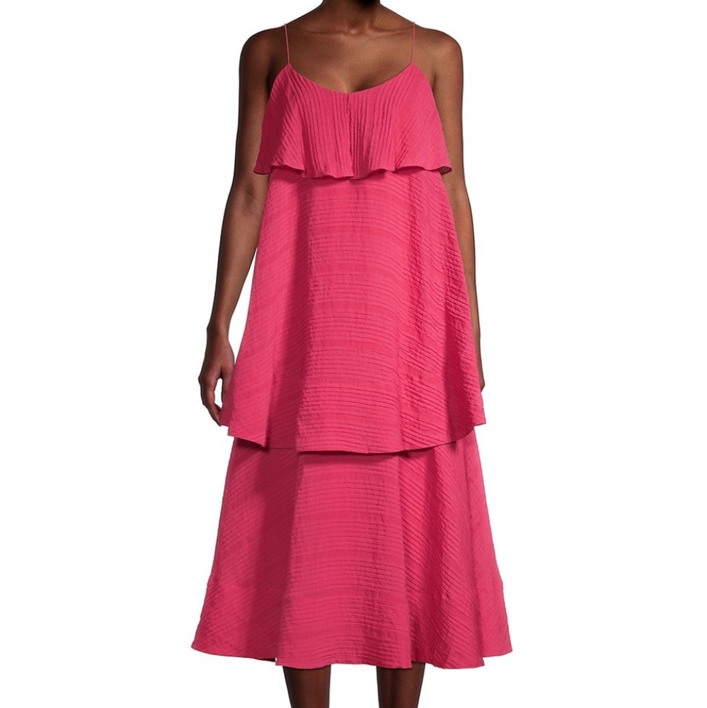 Club Monaco Pink Crinkle Tiered Midi Dress